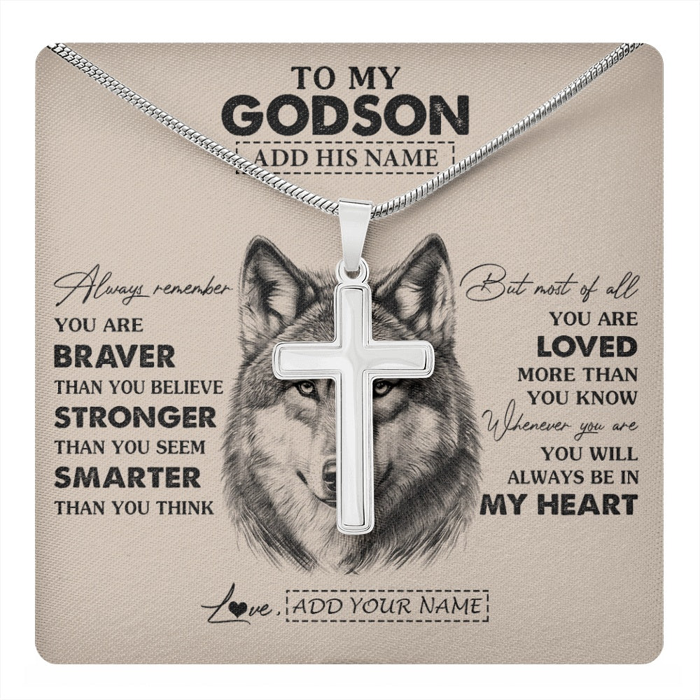 Stainless Cross Necklace Stainless Steel | 1 | Personalized To My Godson Necklace From Godmother Godfather Wolf Braver Stronger Smarter Godson Birthday Graduation Christmas Custom Gift Box Message Card | teecentury.myshopify