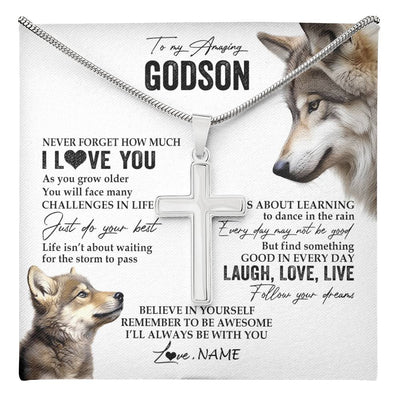 Stainless Cross Necklace Stainless Steel | 1 | Personalized To My Godson Necklace From Godmother Just Do You Best Laugh Love Live Wolf Godchild Birthday Graduation Christmas Customized Gift Box Message Card | teecentury
