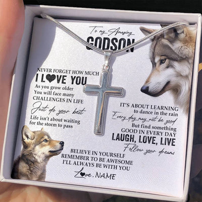 Stainless Cross Necklace Stainless Steel | 2 | Personalized To My Godson Necklace From Godmother Just Do You Best Laugh Love Live Wolf Godchild Birthday Graduation Christmas Customized Gift Box Message Card | teecentury