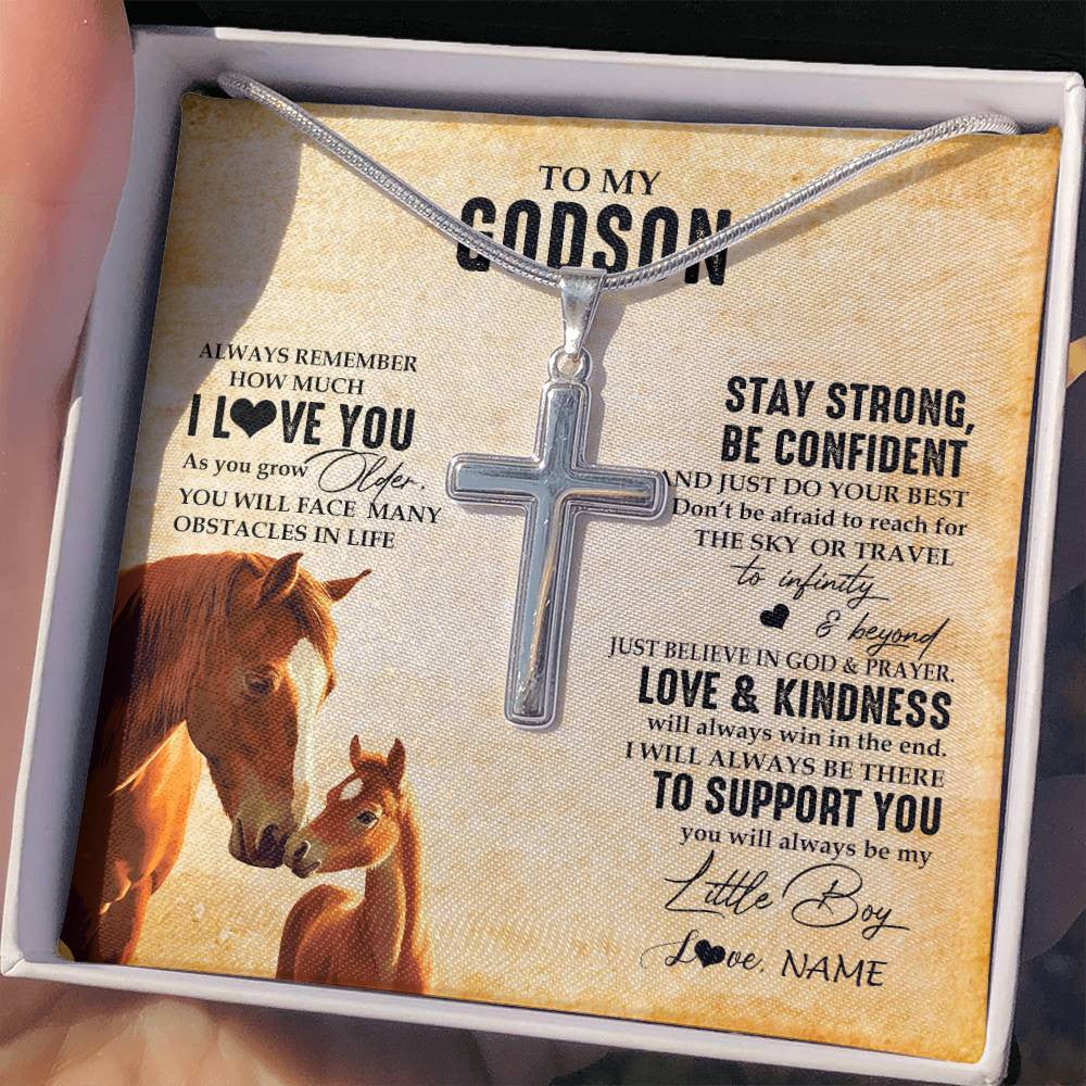 Stainless Cross Necklace Stainless Steel | 2 | Personalized To My Godson Necklace From Godmother Uncle Always Remember I Love You Horse Godson Birthday Graduation Christmas Customized Gift Box Message Card | teecentury