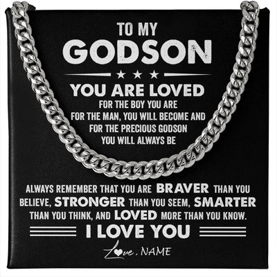 Cuban Link Chain Necklace Stainless Steel | 1 | Personalized To My Godson Necklace From Godmother Uncle Aunt Cuban Chain You Are Loved Godchild Birthday Graduation Christmas Customized Gift Box Message Card | teecentury