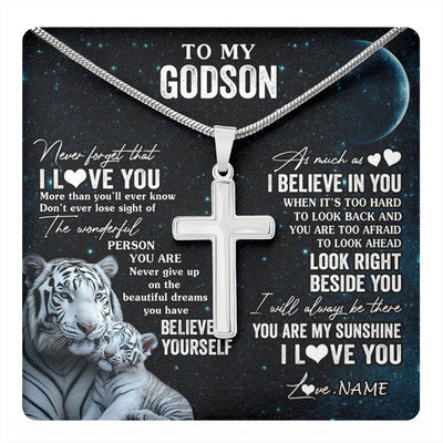 Stainless Cross Necklace Stainless Steel | 1 | Personalized To My Godson Necklace From Godmother Uncle Aunt Never Forget I Love You White Tiger Godson Birthday Christmas Customized Gift Box Message Card | teecentury