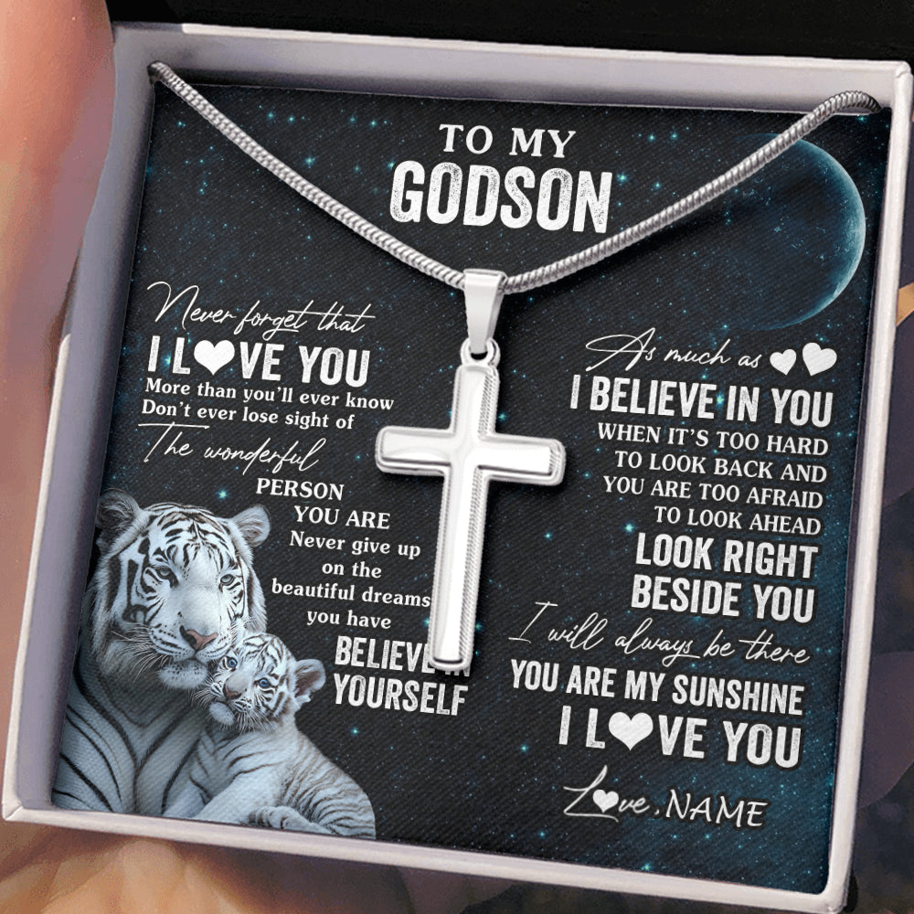 Stainless Cross Necklace Stainless Steel | 2 | Personalized To My Godson Necklace From Godmother Uncle Aunt Never Forget I Love You White Tiger Godson Birthday Christmas Customized Gift Box Message Card | teecentury