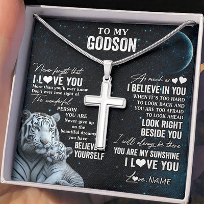 Stainless Cross Necklace Stainless Steel | 2 | Personalized To My Godson Necklace From Godmother Uncle Aunt Never Forget I Love You White Tiger Godson Birthday Christmas Customized Gift Box Message Card | teecentury