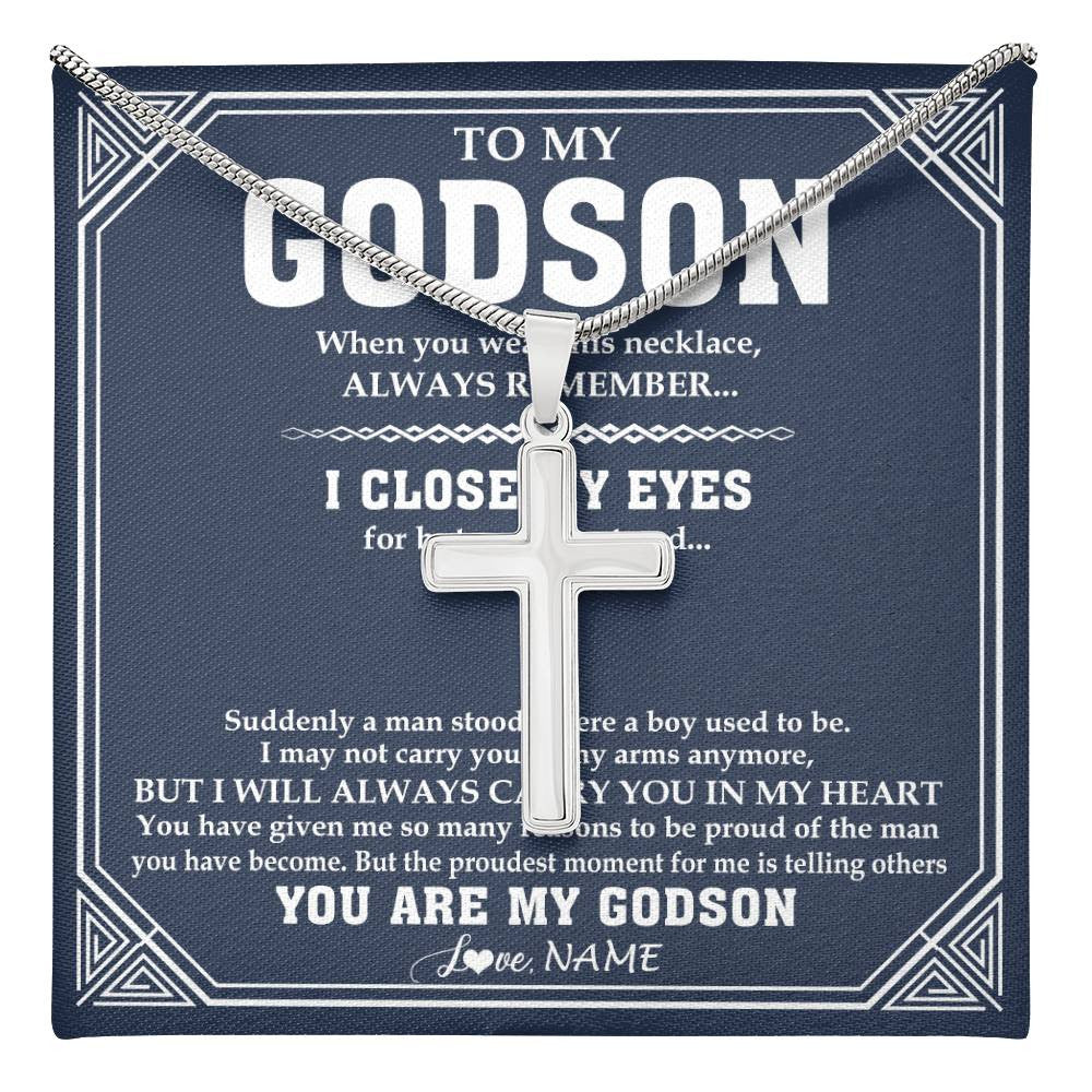 Stainless Cross Necklace Stainless Steel | 1 | Personalized To My Godson Necklace From Godmother Uncle Aunt Suddenly A Man Jewelry Godson Birthday Gifts Graduation Christmas Customized Gift Box Message Card | teecentury