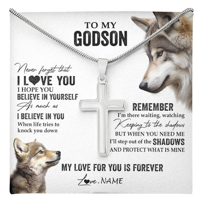 Stainless Cross Necklace Stainless Steel | 1 | Personalized To My Godson Necklace From Godmother Uncle Aunt Wolf My Love For You Is Forever Godson Birthday Christmas Customized Gift Box Message Card | teecentury