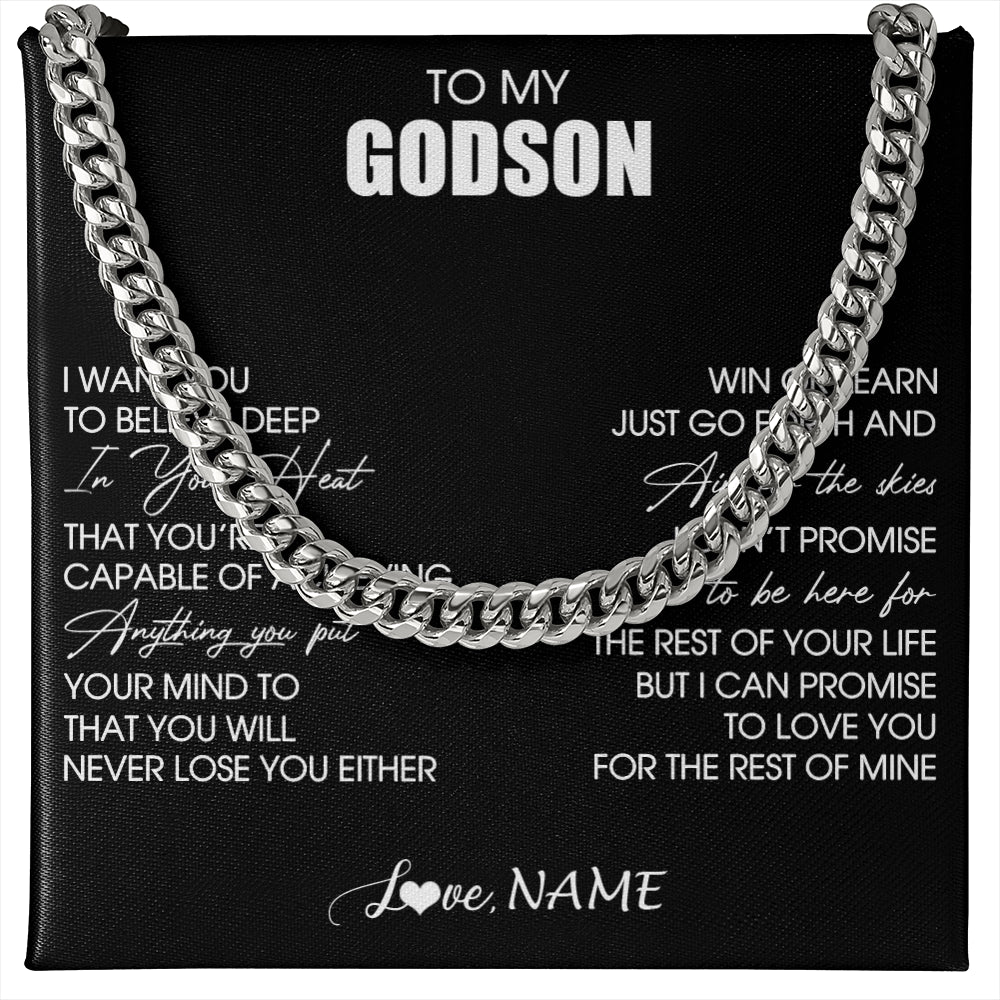 Cuban Link Chain Necklace Stainless Steel | 1 | Personalized To My Godson Necklace From Godmother Uncle Believe Deep In Your Heart Godson Birthday Gifts Jewelry For Men Customized Gift Box Message Card | teecentury
