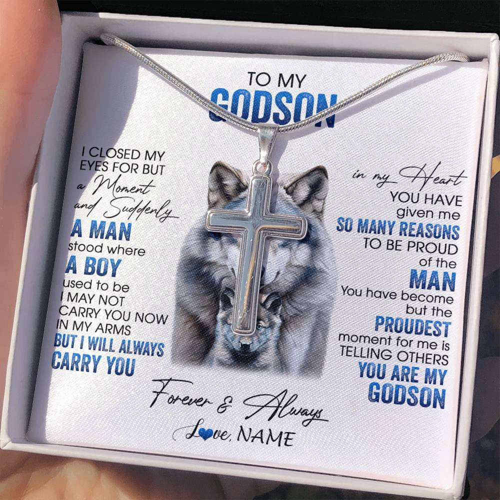 Stainless Cross Necklace Stainless Steel | 2 | Personalized To My Godson Necklace From Godmother Uncle I Close My Eyes For But A Moment Wolf Godson Birthday Gifts Christmas Customized Gift Box Message Card | teecentury