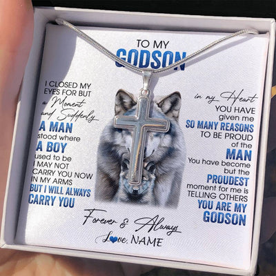 Stainless Cross Necklace Stainless Steel | 2 | Personalized To My Godson Necklace From Godmother Uncle I Close My Eyes For But A Moment Wolf Godson Birthday Gifts Christmas Customized Gift Box Message Card | teecentury
