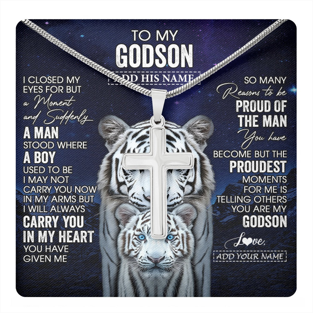 Stainless Cross Necklace Stainless Steel | 1 | Personalized To My Godson Necklace From Godmother Uncle I Close My Eyes White Tiger Birthday Gift For Godson Graduation Christmas Custom Gift Box Message Card | https://teecentury.