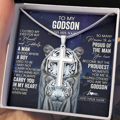 Stainless Cross Necklace Stainless Steel | 2 | Personalized To My Godson Necklace From Godmother Uncle I Close My Eyes White Tiger Birthday Gift For Godson Graduation Christmas Custom Gift Box Message Card | https://teecentury.