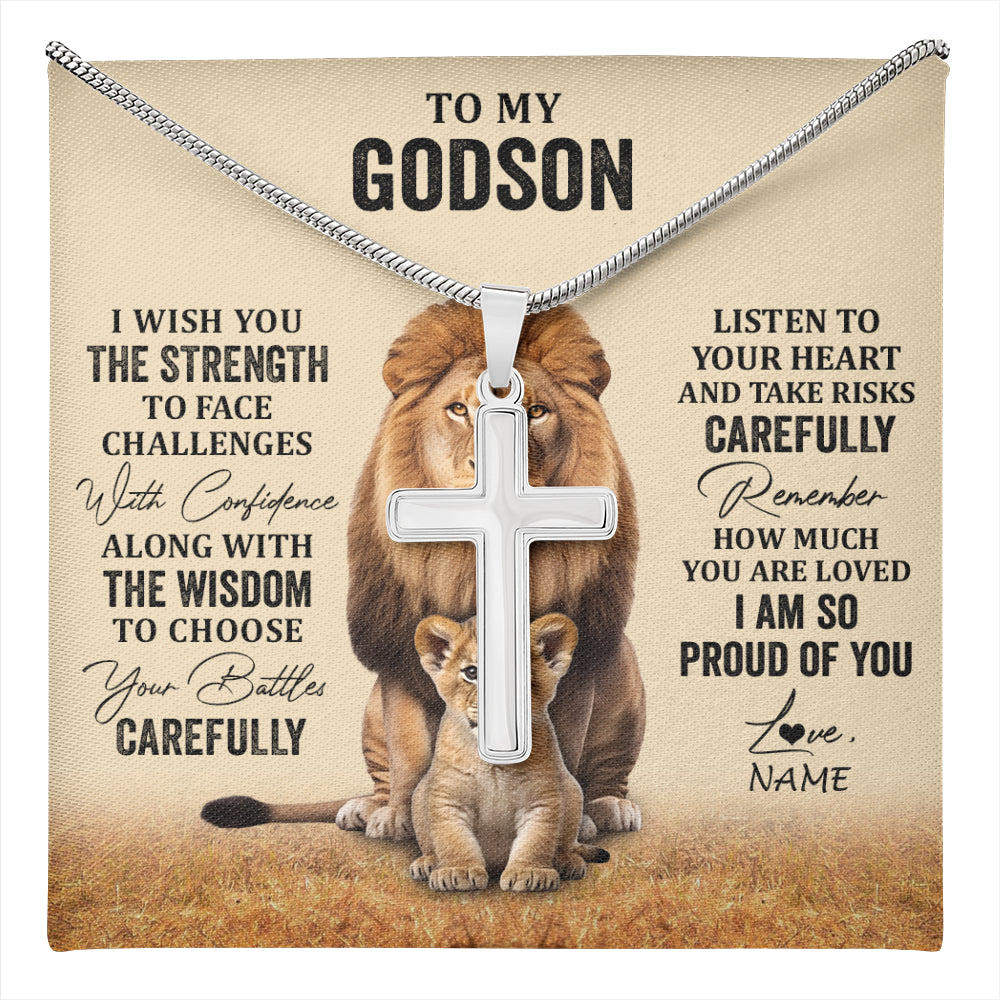 Stainless Cross Necklace Stainless Steel | 1 | Personalized To My Godson Necklace From Godmother Uncle I Wish You The Strength Lion Godson Birthday Graduation Christmas Customized Gift Box Message Card | teecentury