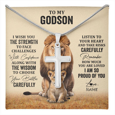 Stainless Cross Necklace Stainless Steel | 1 | Personalized To My Godson Necklace From Godmother Uncle I Wish You The Strength Lion Godson Birthday Graduation Christmas Customized Gift Box Message Card | teecentury