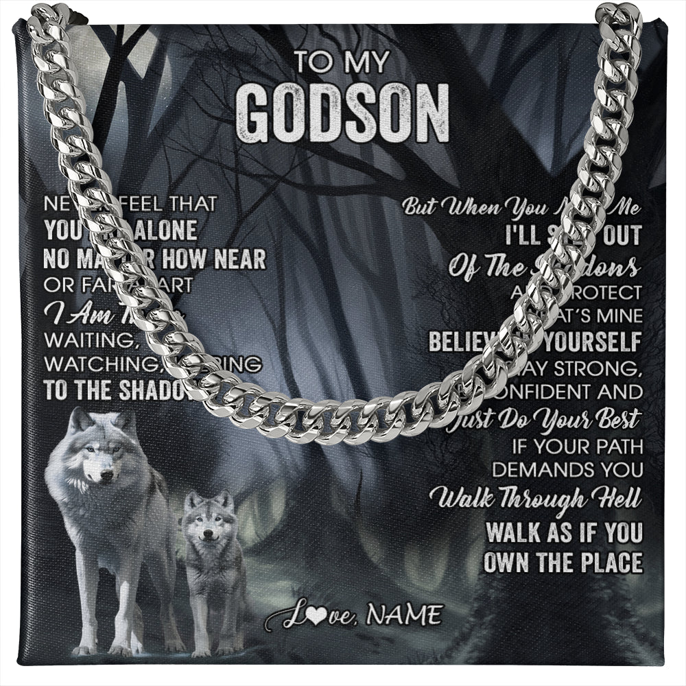 Cuban Link Chain Necklace Stainless Steel | 1 | Personalized To My Godson Necklace From Godmother Uncle Never Feel That You Are Alone Wolf Godson Birthday Gifts Christmas Customized Gift Box Message Card | teecentury