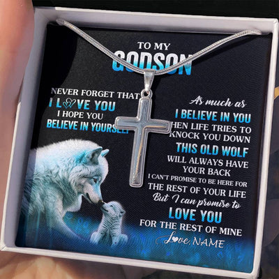 Stainless Cross Necklace Stainless Steel | 2 | Personalized To My Godson Necklace From Godmother Uncle This Old Wolf Love Godson Birthday Gifts Graduation Christmas Customized Gift Box Message Card | teecentury