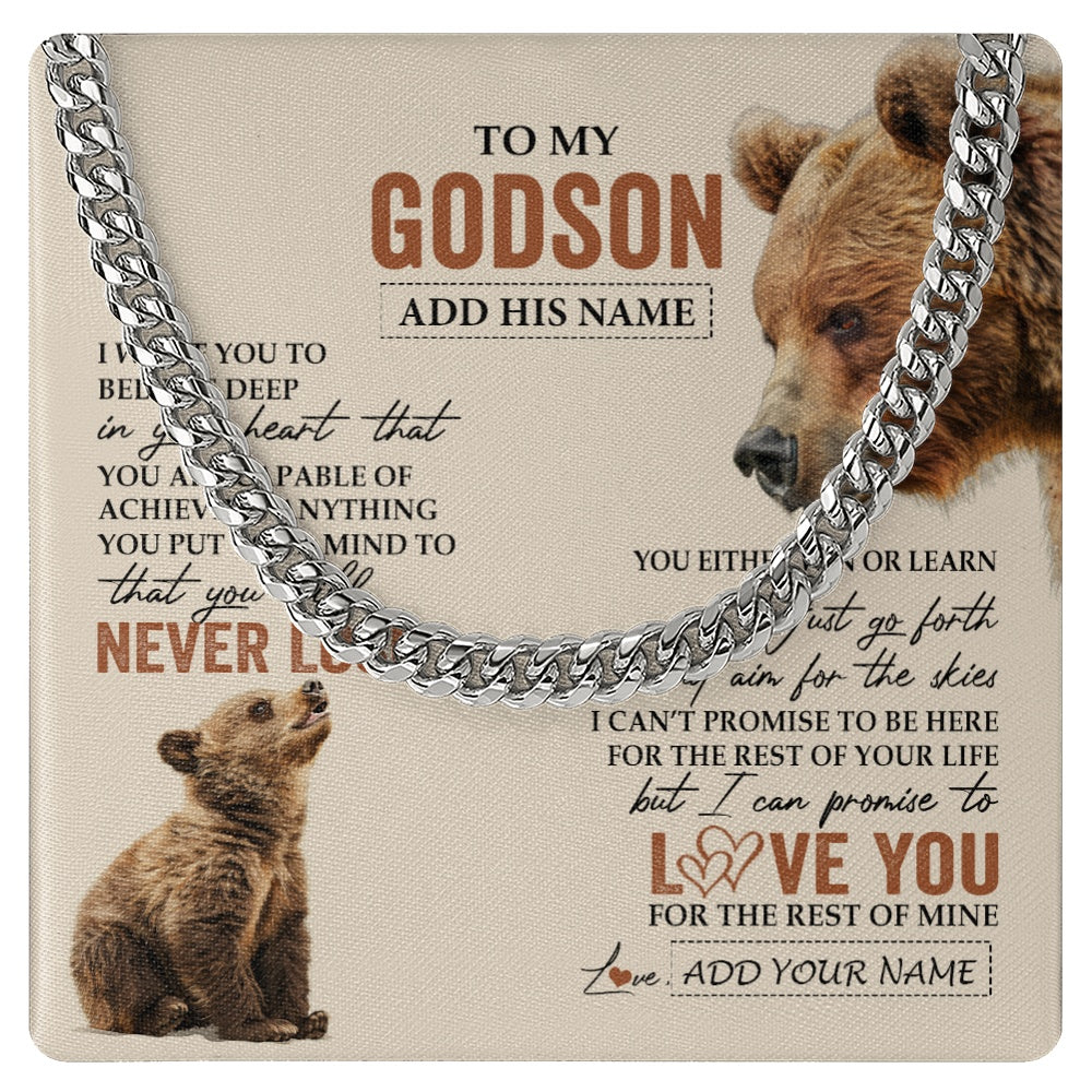 Cuban Link Chain Necklace Stainless Steel | 1 | Personalized To My Godson Necklace From Godmother Uncle You Will Never Lose Bear Godson Birthday Gifts Graduation Christmas Customized Gift Box Message Card | teecentury.myshopify