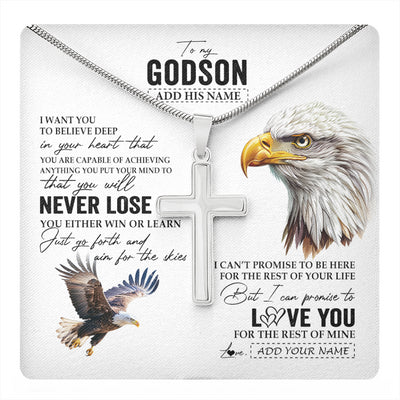 Stainless Cross Necklace Stainless Steel | 1 | Personalized To My Godson Necklace From Godmother Uncle You Will Never Lose Eagle Godson Birthday Gifts Graduation Christmas Customized Gift Box Message Card | teecentury