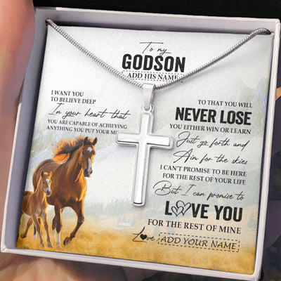 Stainless Cross Necklace Stainless Steel | 2 | Personalized To My Godson Necklace From Godmother Uncle You Will Never Lose Horse Godson Birthday Gifts Graduation Christmas Customized Gift Box Message Card | teecentury