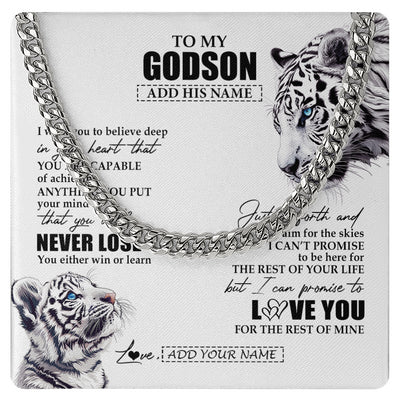 Cuban Link Chain Necklace Stainless Steel | 1 | Personalized To My Godson Necklace From Godmother Uncle You Will Never Lose White Tiger Godson Birthday Gifts Christmas Customized Gift Box Message Card | teecentury