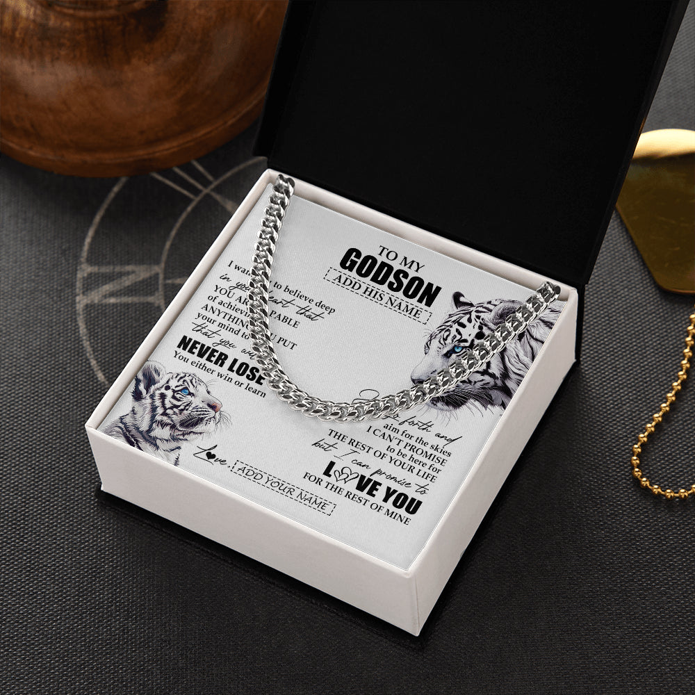 Cuban Link Chain Necklace Stainless Steel | 2 | Personalized To My Godson Necklace From Godmother Uncle You Will Never Lose White Tiger Godson Birthday Gifts Christmas Customized Gift Box Message Card | teecentury
