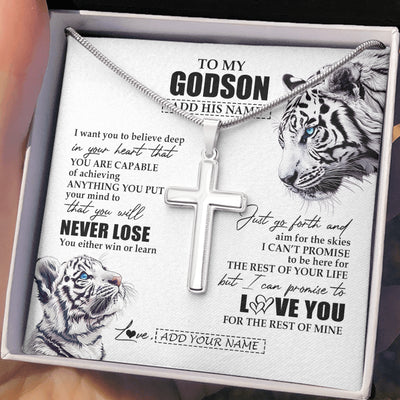 Stainless Cross Necklace Stainless Steel | 2 | Personalized To My Godson Necklace From Godmother Uncle You Will Never Lose White Tiger Godson Birthday Gifts Christmas Customized Gift Box Message Card | teecentury