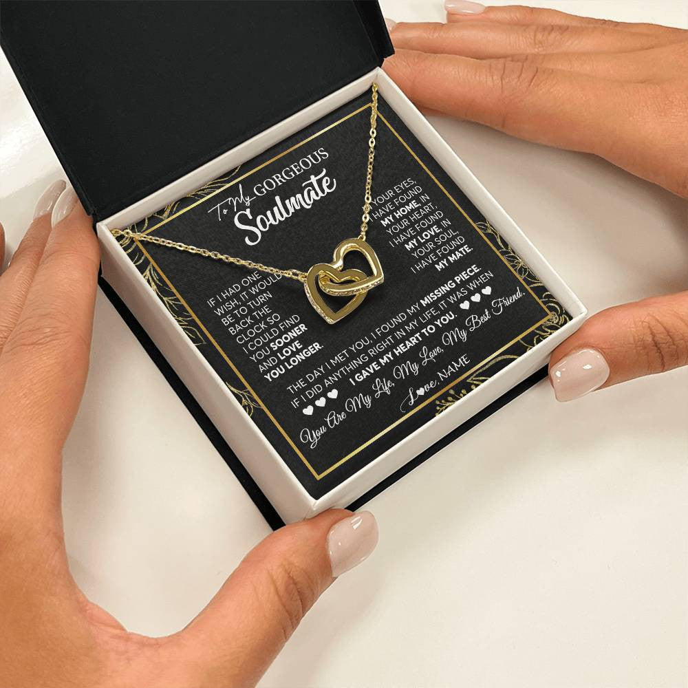 Interlocking Hearts Necklace 18K Yellow Gold Finish | 2 | Personalized To My Gorgeous Soulmate Necklace From Husband My Life My Love Wife Birthday Wedding Valentines Day Christmas Customized Gift Box Message Card | teecentury