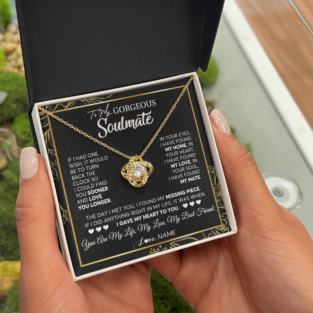 Love Knot Necklace 18K Yellow Gold Finish | 2 | Personalized To My Gorgeous Soulmate Necklace From Husband My Life My Love Wife Birthday Wedding Valentines Day Christmas Customized Gift Box Message Card | teecentury