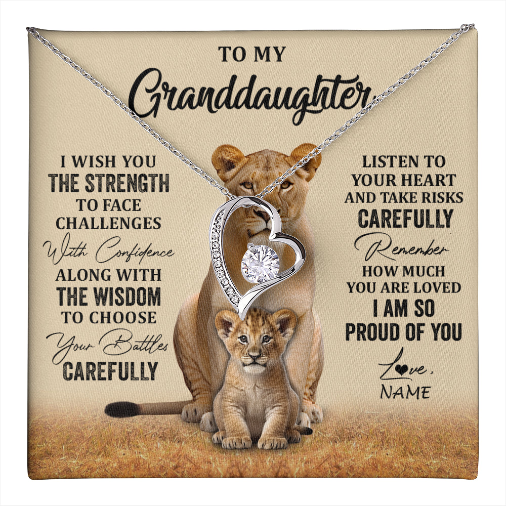 Forever Love Necklace 14K White Gold Finish | 1 | Personalized To My Granddaughter From Grandma Grandpa Necklace I Wish You The Strength Lion Granddaughter Birthday Christmas Customized Gift Box Message Card | teecentury