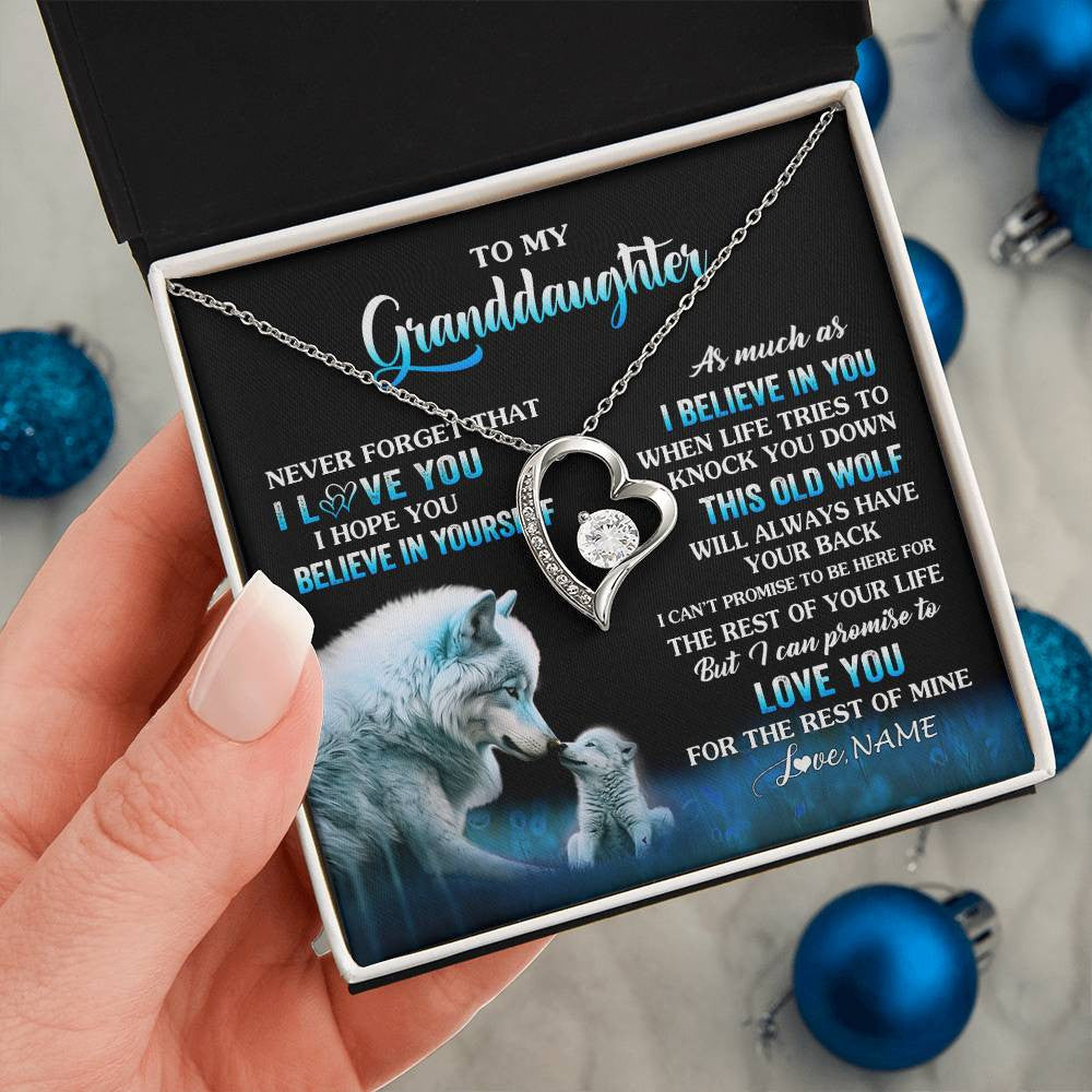 Forever Love Necklace 14K White Gold Finish | 2 | Personalized To My Granddaughter From Grandma Grandpa Necklace This Old Wolf Love Granddaughter Birthday Jewelry Christmas Customized Gift Box Message Card | teecentury