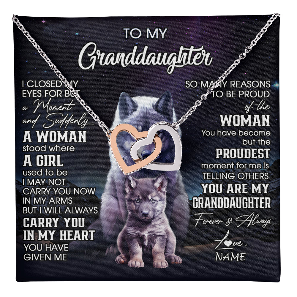 Interlocking Hearts Necklace Stainless Steel & Rose Gold Finish | 1 | Personalized To My Granddaughter From Grandma Necklace I Close My Eyes Wolf Granddaughter Birthday Gifts Jewelry Christmas Customized Gift Box Message Card | teecentury