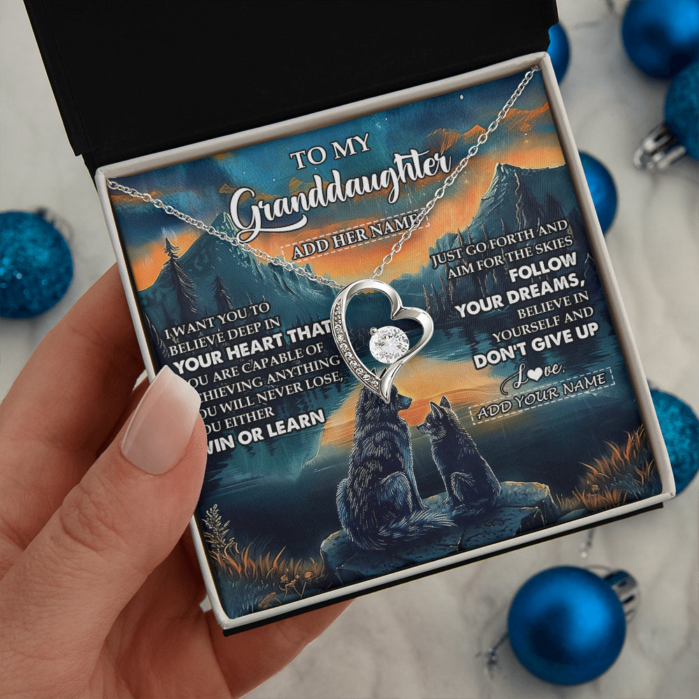 Forever Love Necklace 14K White Gold Finish | 2 | Personalized To My Granddaughter Gifts From Grandma Necklace Don't Give Up Wolf Gifts For Granddaughter Birthday Graduation Christmas Gift Box Message Card | teecentury