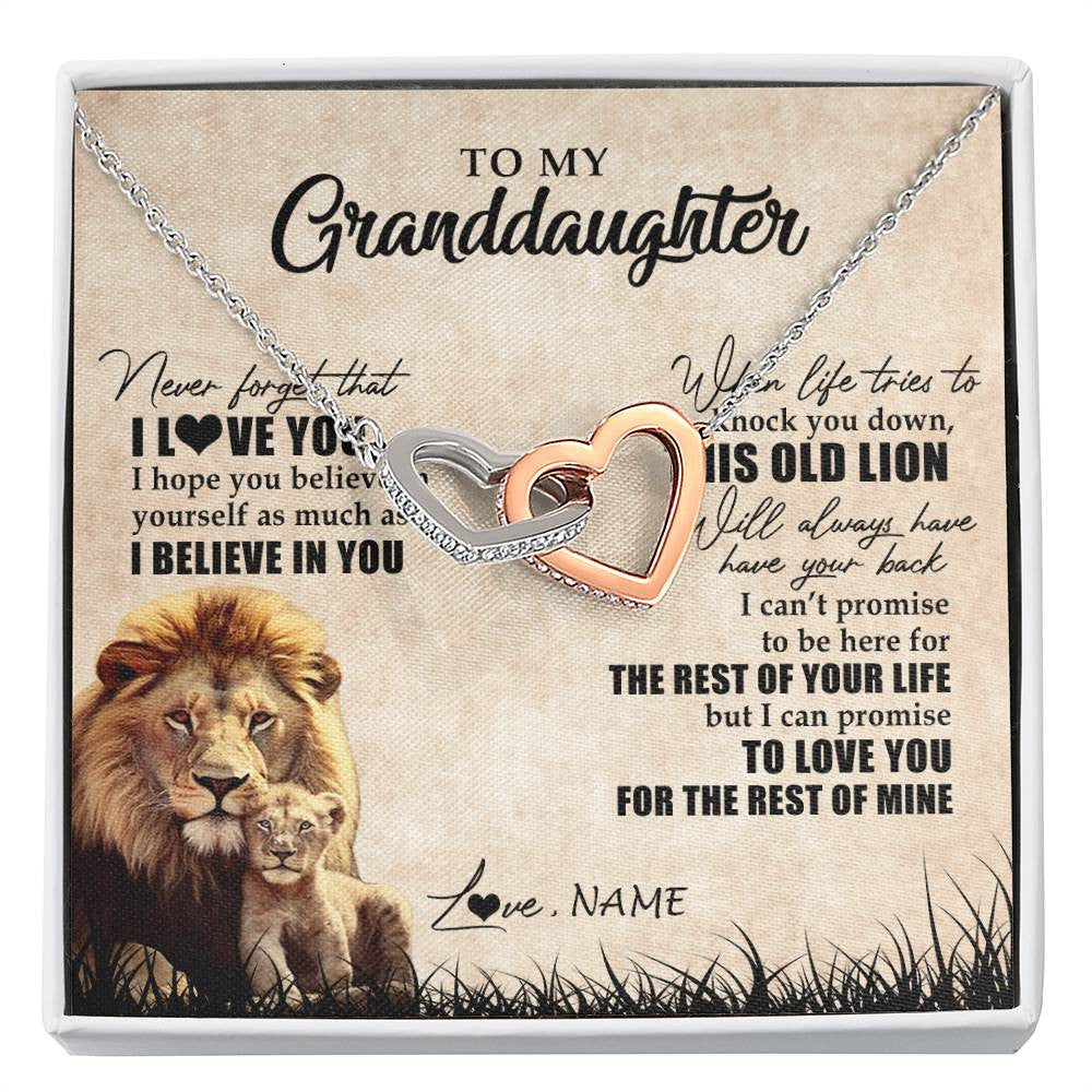 Interlocking Hearts Necklace Stainless Steel & Rose Gold Finish | Personalized To My Granddaughter Gifts Necklace From Grandpa Old Lion Granddaughter Jewelry Birthday Graduation Christmas Customized Gift Box Message Card | teecentury