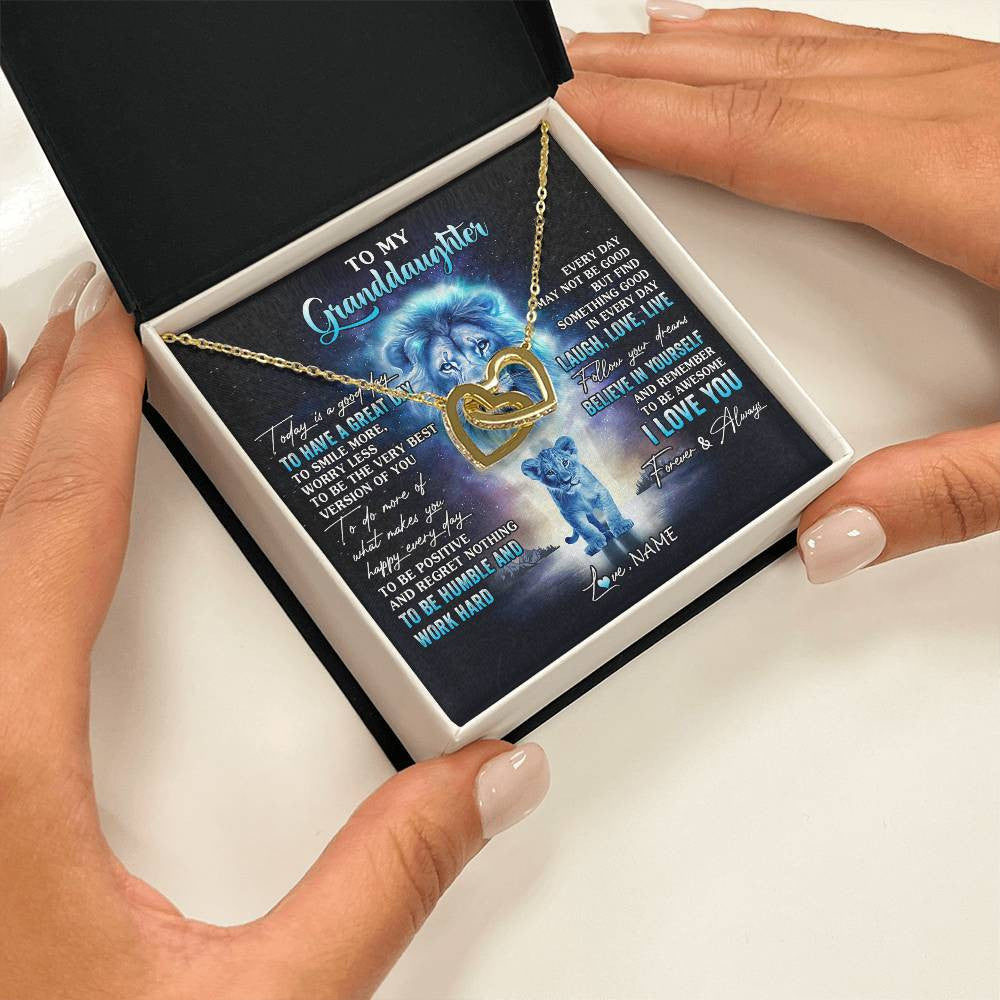 Interlocking Hearts Necklace 18K Yellow Gold Finish | 2 | Personalized To My Granddaughter Lion Necklace From Grandpa Every Day Laugh Love Live Granddaughter Birthday Christmas Customized Gift Box Message Card | teecentury