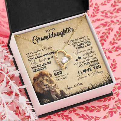Forever Love Necklace 18K Yellow Gold Finish | Personalized To My Granddaughter Lion Necklace From Grandpa I'll Stay There Forever Grandchild Birthday Graduation Christmas Customized Gift Box Message Card | teecentury