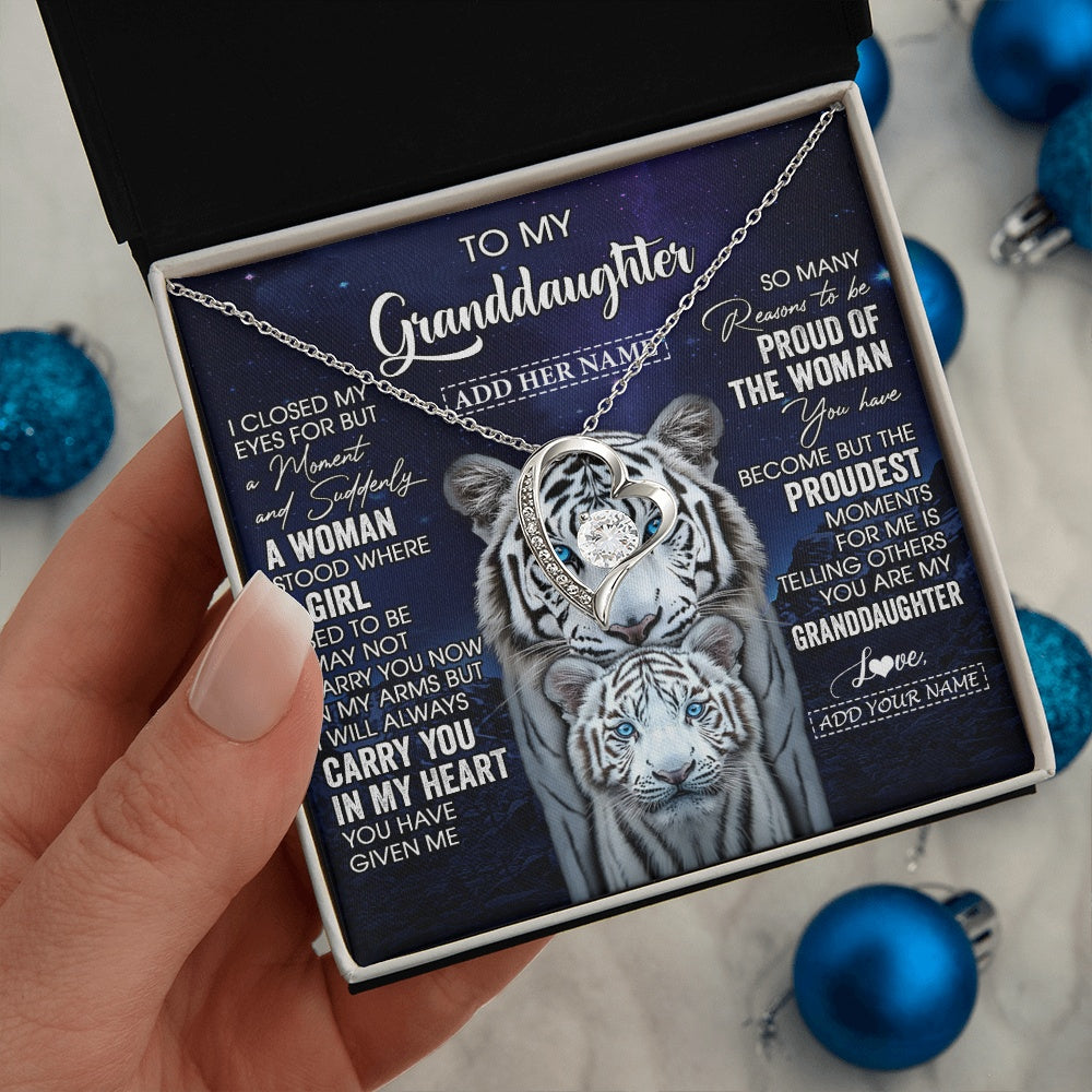 Forever Love Necklace 14K White Gold Finish | 2 | Personalized To My Granddaughter Necklace From Grandma Grandpa I Close My Eyes White Tiger Granddaughter Birthday Gift Christmas Gift Box Message Card | https://teecentury.