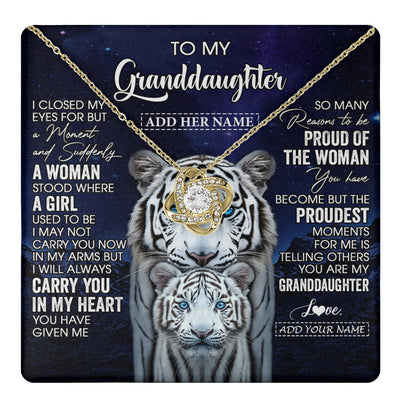 Love Knot Necklace 18K Yellow Gold Finish | 1 | Personalized To My Granddaughter Necklace From Grandma Grandpa I Close My Eyes White Tiger Granddaughter Birthday Gift Christmas Gift Box Message Card | https://teecentury.
