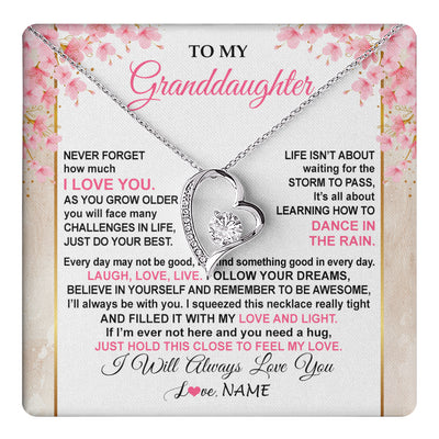 Forever Love Necklace 14K White Gold Finish | 1 | Personalized To My Granddaughter Necklace From Grandma Grandpa Inspirational I Love You Granddaughter Birthday Graduation Customized Gift Box Message Card | teecentury