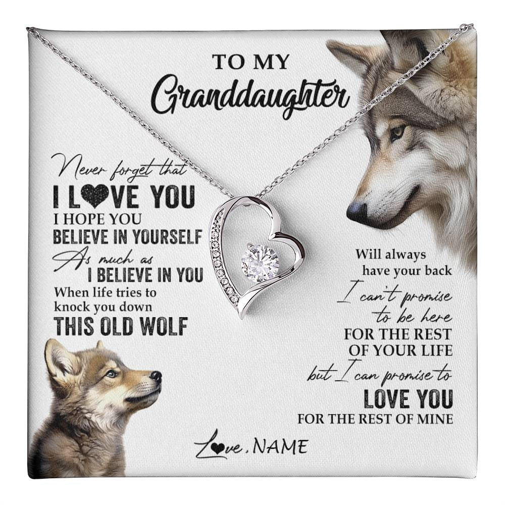 Forever Love Necklace 14K White Gold Finish | 1 | Personalized To My Granddaughter Necklace From Grandma Grandpa This Old Wolf Love You Granddaughter Birthday Christmas Customized Gift Box Message Card | teecentury