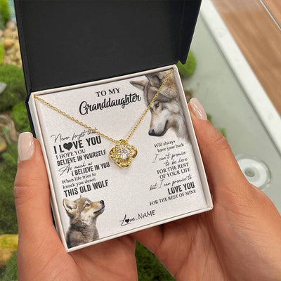 Love Knot Necklace 18K Yellow Gold Finish | 2 | Personalized To My Granddaughter Necklace From Grandma Grandpa This Old Wolf Love You Granddaughter Birthday Christmas Customized Gift Box Message Card | teecentury