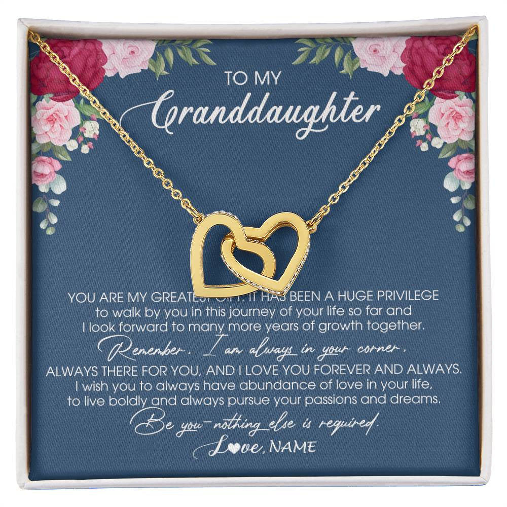 Interlocking Hearts Necklace 18K Yellow Gold Finish | Personalized To My Granddaughter Necklace From Grandma Grandpa You Are My Greatest Gift Granddaughter Birthday Customized Jewelry Gift Box Message Card | teecentury