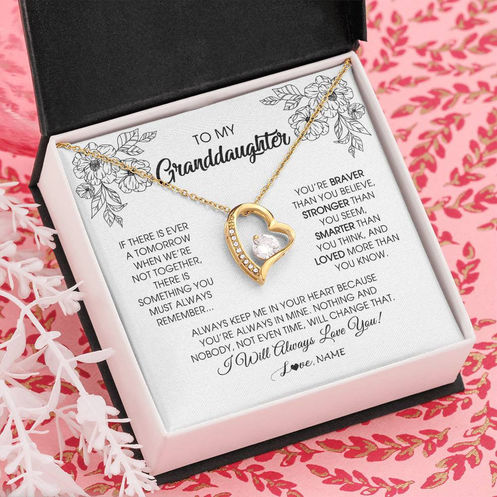 Forever Love Necklace 18K Yellow Gold Finish | Personalized To My Granddaughter Necklace From Grandma Grandpa You're Braver Stronger Smarter Granddaughter Birthday Customized Jewelry Gift Box Message Card | teecentury
