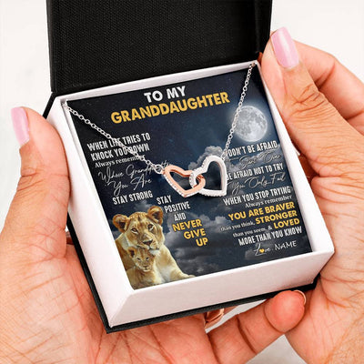 Interlocking Hearts Necklace Stainless Steel & Rose Gold Finish | 2 | Personalized To My Granddaughter Necklace From Grandma Nana Lion Never Give Up Granddaughter Birthday Graduation Christmas Customized Gift Box Message Card | teecentury