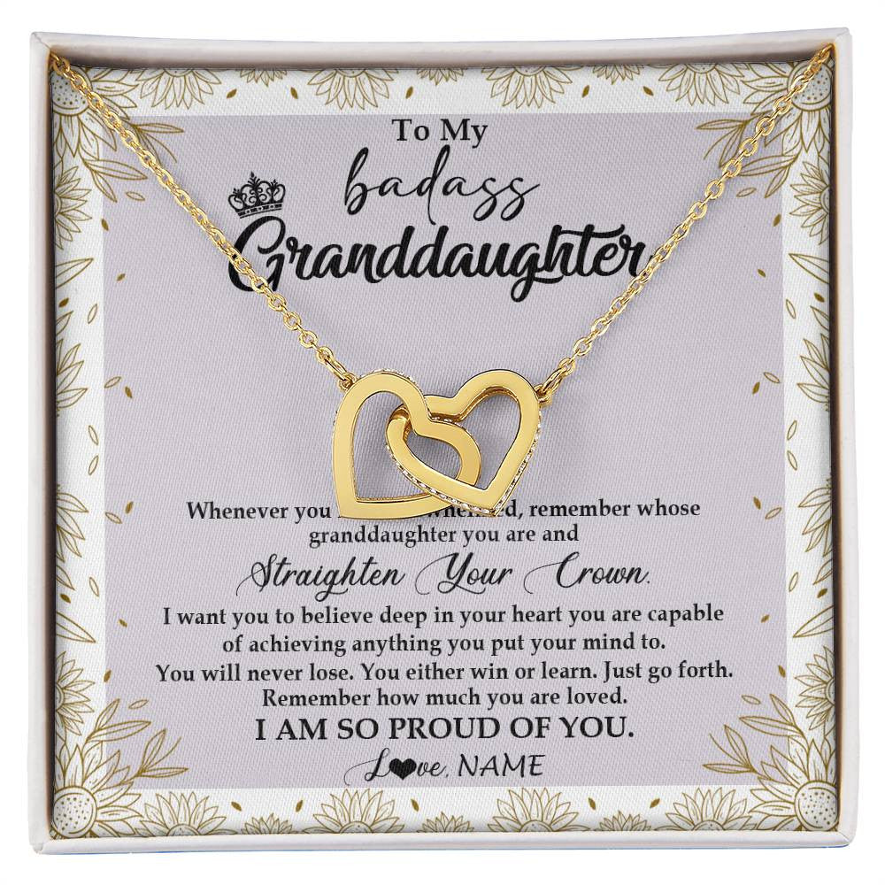 Interlocking Hearts Necklace 18K Yellow Gold Finish | Personalized To My Granddaughter Necklace From Grandma Nana Straighten Your Crown Granddaughter Birthday Graduation Christmas Customized Gift Box Message Card | teecentury