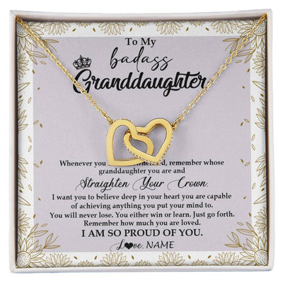 Interlocking Hearts Necklace 18K Yellow Gold Finish | Personalized To My Granddaughter Necklace From Grandma Nana Straighten Your Crown Granddaughter Birthday Graduation Christmas Customized Gift Box Message Card | teecentury