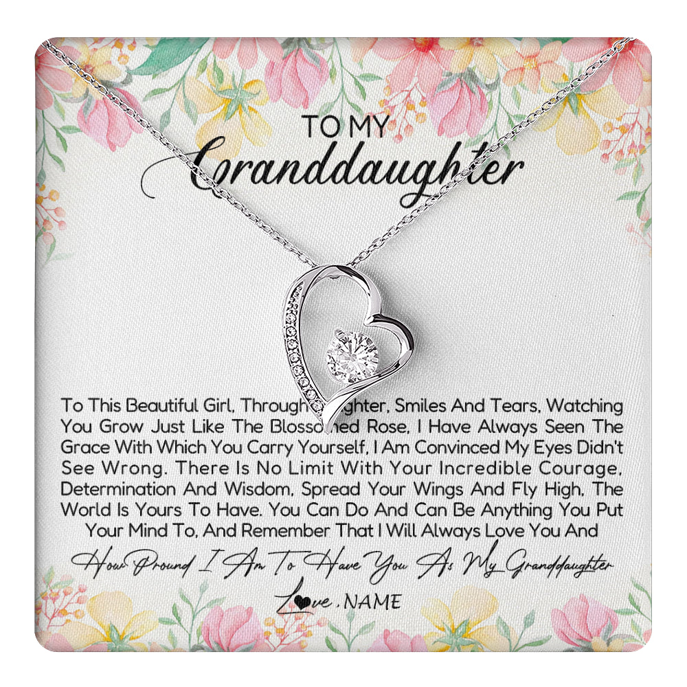 Forever Love Necklace 14K White Gold Finish | 1 | Personalized To My Granddaughter Necklace From Grandma Nana To This Beautiful Granddaughter Jewelry Birthday Christmas Customized Gift Box Message Card | teecentury