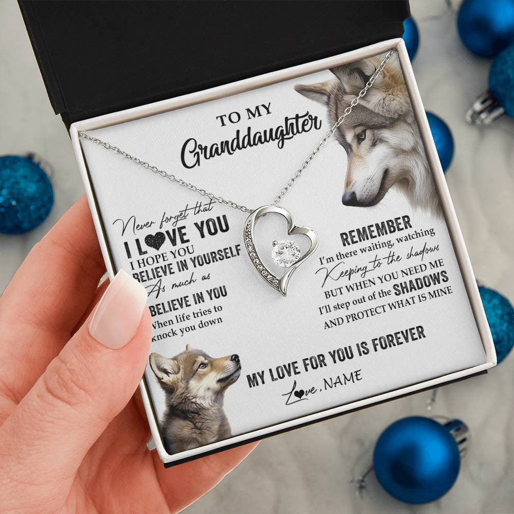 Forever Love Necklace 14K White Gold Finish | 2 | Personalized To My Granddaughter Necklace From Grandma Papa Wolf My Love For You Is Forever Granddaughter Birthday Christmas Customized Gift Box Message Card | teecentury