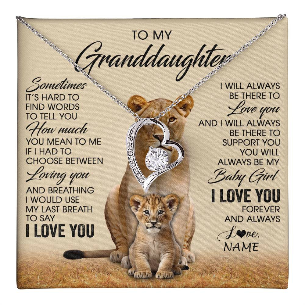 Forever Love Necklace 14K White Gold Finish | 1 | Personalized To My Granddaughter Necklace From Grandma Sometimes It's Hard Lion Granddaughter Gift Birthday Jewelry Christmas Customized Gift Box Message Card | teecentury