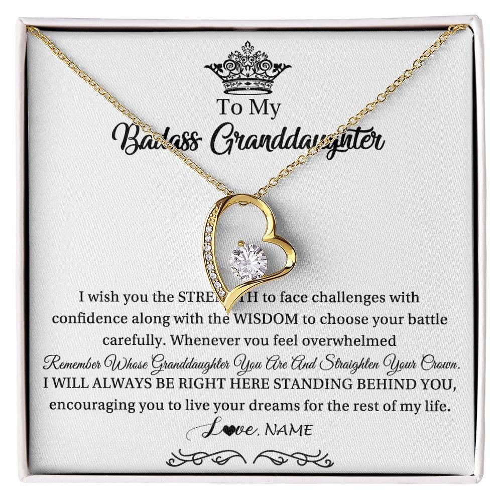 Forever Love Necklace 18K Yellow Gold Finish | Personalized To My Granddaughter Necklace From Grandma Straighten Your Crown Granddaughter Jewelry Birthday Christmas Customized Gift Box Message Card | teecentury