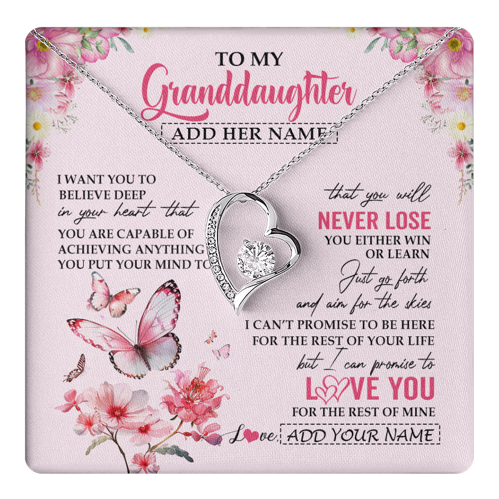 Forever Love Necklace 14K White Gold Finish | 1 | Personalized To My Granddaughter Necklace From Grandma You Will Never Lose Butterfly Granddaughter Birthday Gifts Graduation Christmas Gift Box Message Card | teecentury