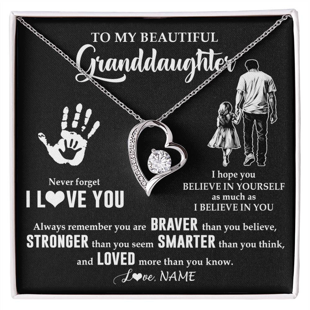 Forever Love Necklace 14K White Gold Finish | 1 | Personalized To My Granddaughter Necklace From Grandpa Never Forget I Love You Birthday Gifts Christmas New Year Graduation Customized Gift Box Message Card | teecentury